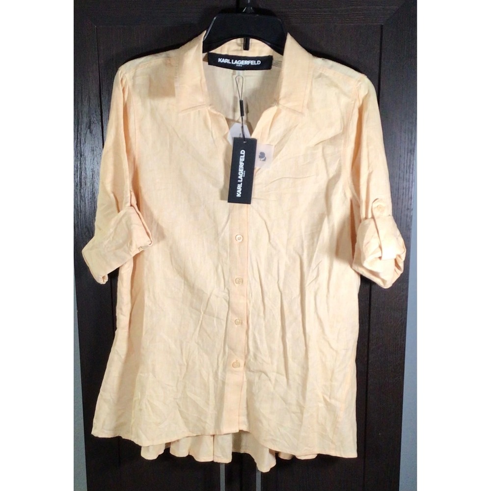 Karl Lagerfeld Paris Women Peach Linen Blend Peplum Roll Tab Sleeve Shirt S NEW
